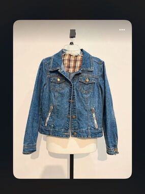dressbarn Blue Denim Jacket with brown Plaid Lining